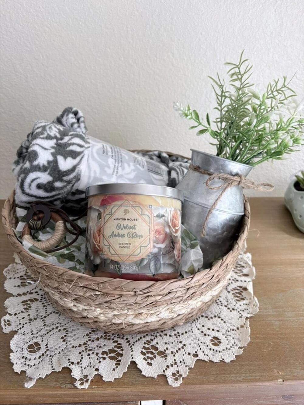 Cozy Farmhouse Gift Basket Sage Green Blanket Velvet Amber Rose Candle Jewelry